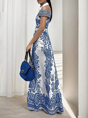 Bodycon High Waisted Flower Print Hollow Pockets Cold Shoulder Maxi Dresses