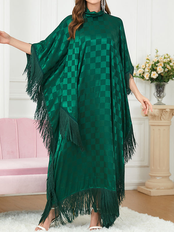 Plaid Ribbon Tasseled A-Line Batwing Sleeves Maxi Dresses