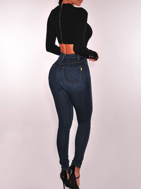 High-Waisted Split-Joint Skinny Leg Jean Pants Bottoms