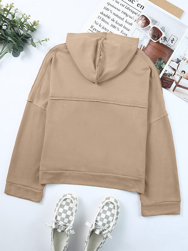 Buttoned Split-Joint Velvet Hooded Long Sleeves Sweatshirt Tops