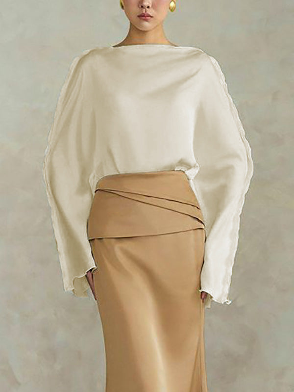 Solid Color Split-Joint Tied Flared Sleeves Long Sleeves Round-neck T-Shirts Tops