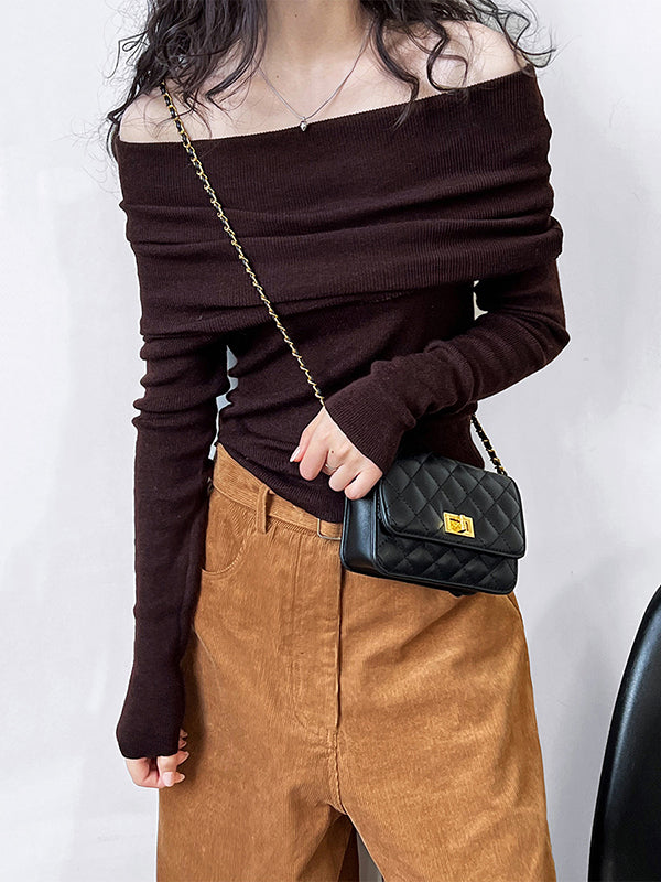Solid Color Long Sleeves Skinny Off-The-Shoulder Sweater Tops Pullovers