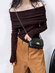 Solid Color Long Sleeves Skinny Off-The-Shoulder Sweater Tops Pullovers