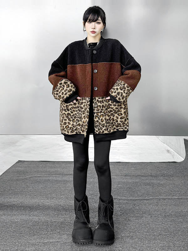 Buttoned Contrast Color Reversible Split-Joint Long Sleeves Loose Round-Neck Outerwear Cardigan Tops