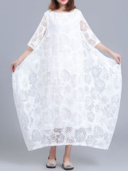 Flower Print See-Through Solid Color A-Line Half Sleeves Round-Neck Midi Dresses