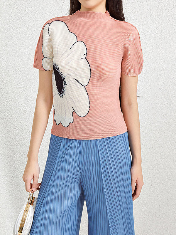 Flower Print Pleated Short Sleeves Mock Neck T-Shirts Tops