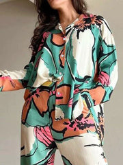 Flower Print Long Sleeves Buttoned Lapel Blouses Top +Wide Leg High Waisted Pants Bottom Two Pieces Set