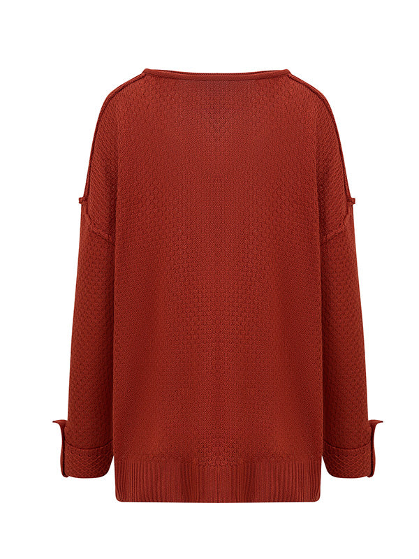 Buttoned Split-Side Long Sleeves Loose V-Neck Sweater Tops Pullovers