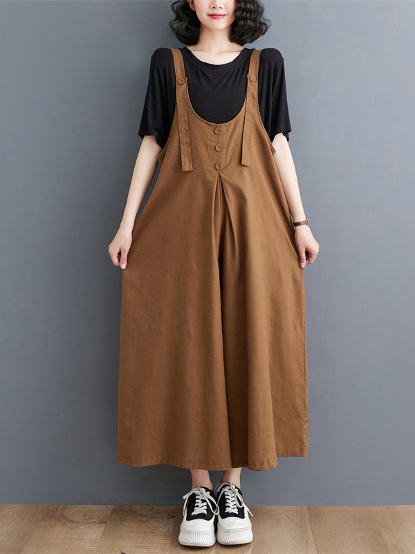 Buttoned Solid Color Ninth Pants Wide Leg Spaghetti-Neck Overalls