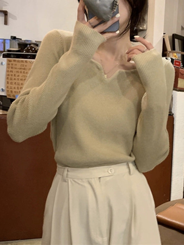 Colorful Solid Color Long Sleeves Skinny V-neck Sweater Tops Pullovers Knitwear