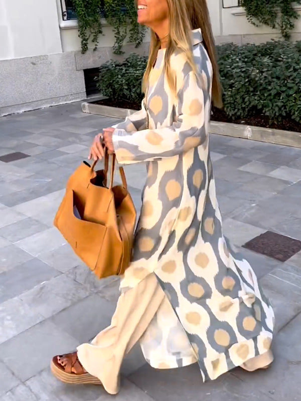 Long Sleeves Loose Printed V-Neck Maxi Dresses