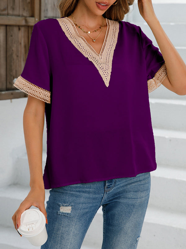 Hollow Split-Joint Loose Short Sleeves V-Neck T-Shirts