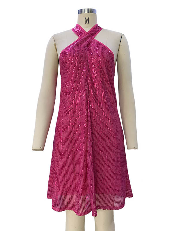 Hollow Sequined Solid Color A-Line Loose Halter-Neck Mini Dresses