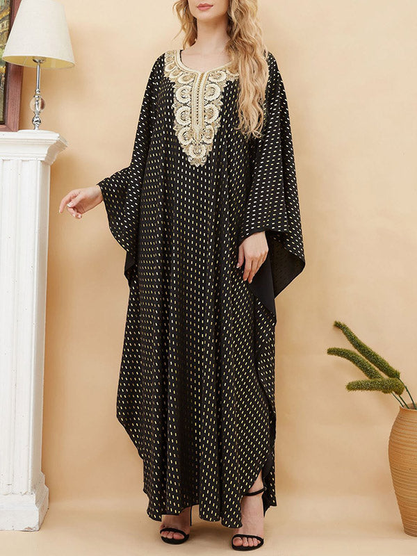 Bronzing Split-Joint Split-Side Batwing Sleeves Long Sleeves V-Neck Robes Maxi Dresses