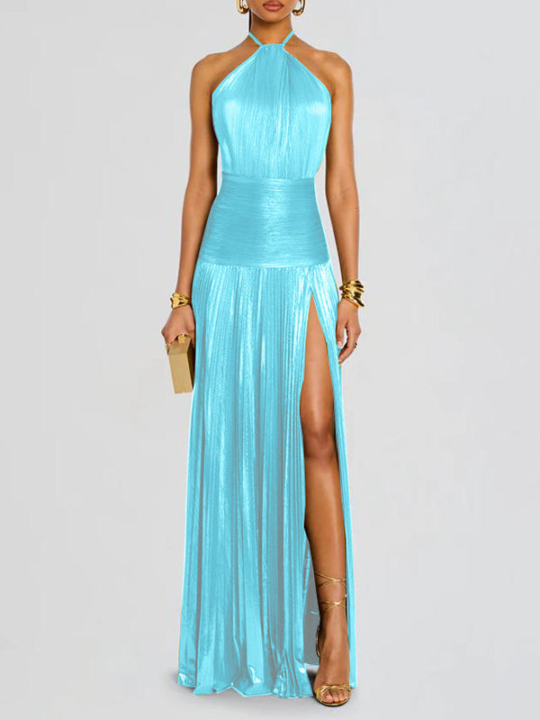 Pleated Shiny Solid Color Split-Side Elasticated Waist Sleeveless Halter-Neck Maxi Dresses