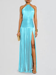 Pleated Shiny Solid Color Split-Side Elasticated Waist Sleeveless Halter-Neck Maxi Dresses