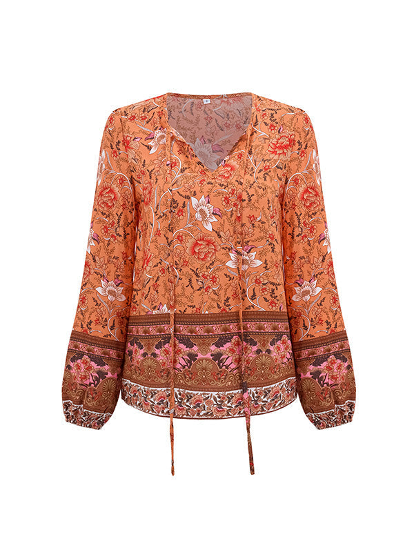 Elasticity Flower Print Tied Long Sleeves Loose V-Neck Blouses&Shirts Tops