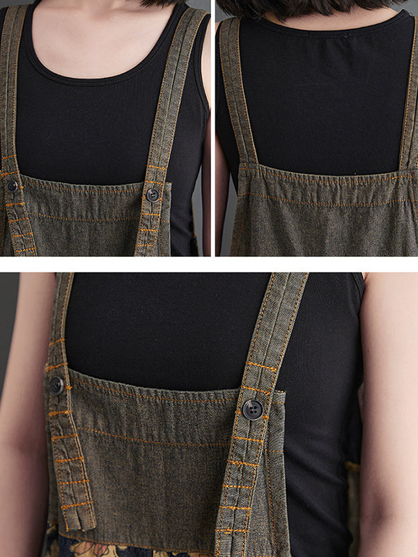 Buttoned Floral Printed Split-Joint Loose Oversize Overalls Ninth Pants