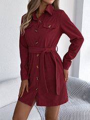 Belted Buttoned Single-Breasted Solid Color Elasticated Waist Long Sleeves Lapel Collar Shirt Dress Mini Dresses