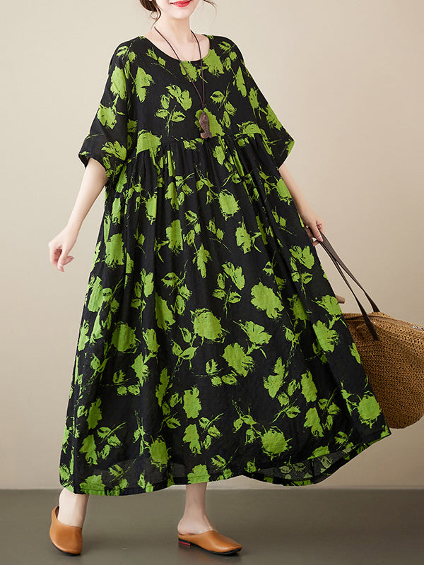 Floral Pleated Loose Round-neck Midi Dresses