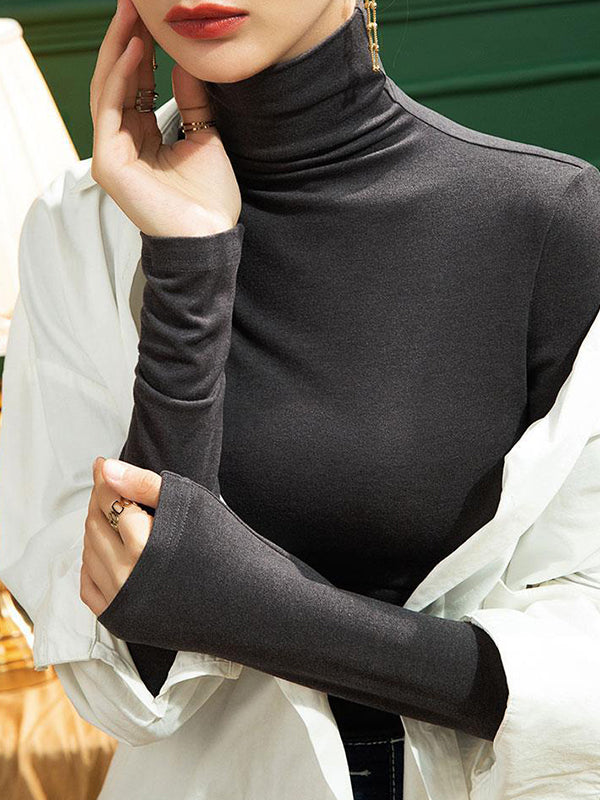 Solid Color Split-Joint Long Sleeves Plus Size High Neck T-Shirts Tops