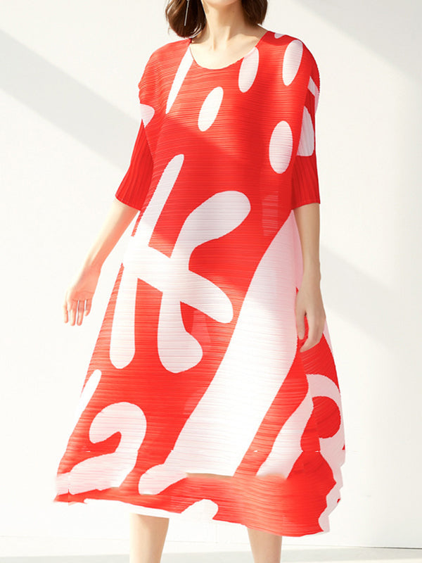 Pleated Print Half Sleeves Loose Round-neck Midi Dresses