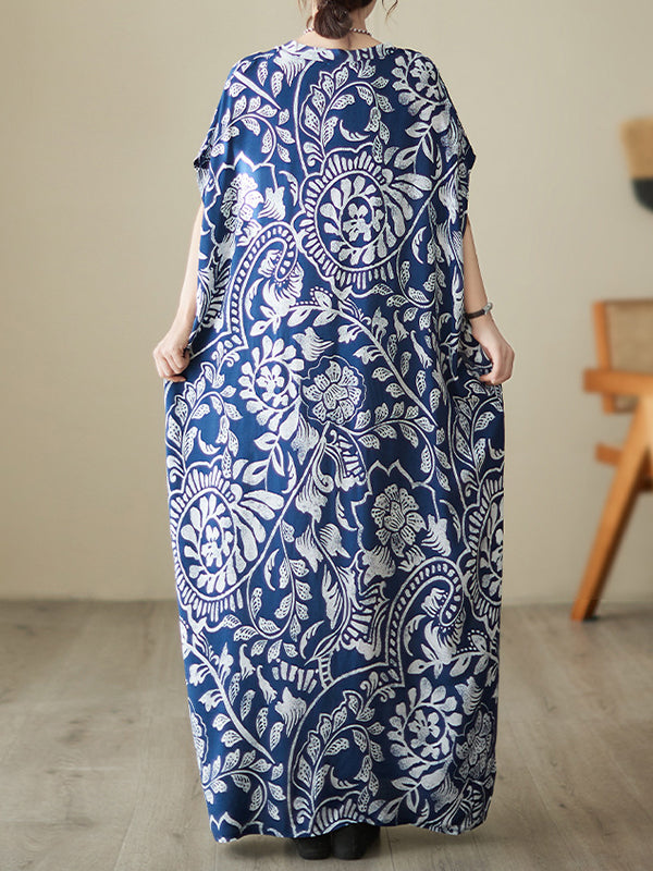 Floral Printed Loose Short Sleeves V-neck Maxi Dresses