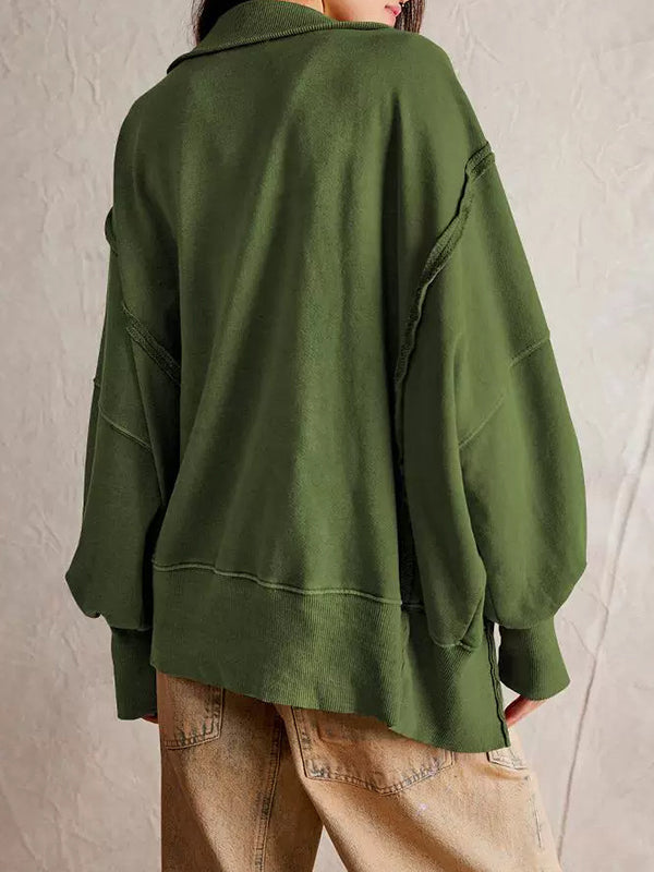 Buttoned Solid Color Split-Front Long Sleeves Loose Lapel Sweatshirt Tops