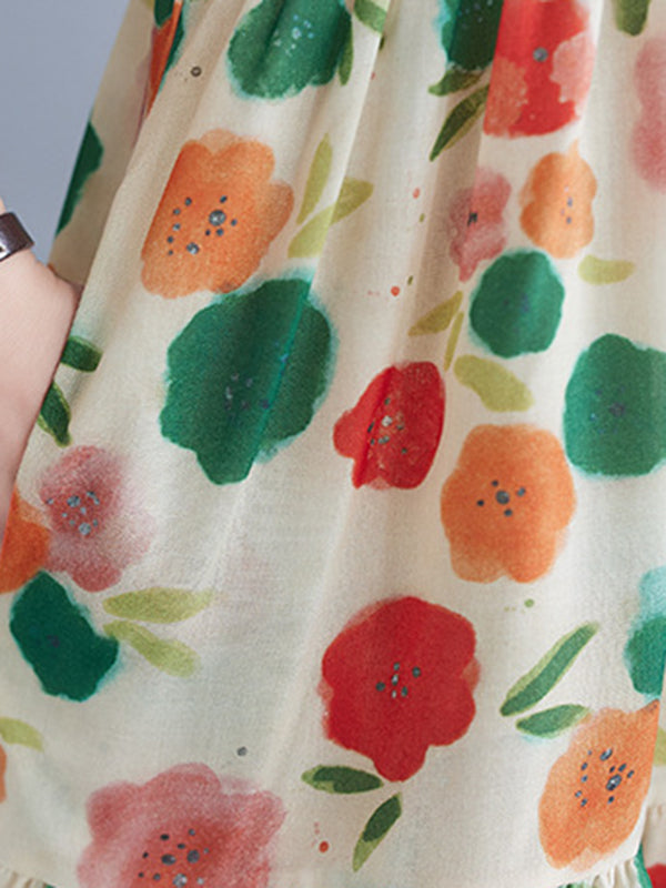 Floral Printed Pleated Split-Joint Loose Sleeveless Round-Neck Midi Dresses