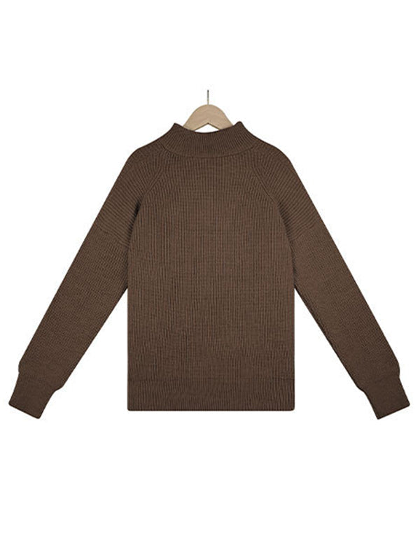 Stylish Loose Solid Color& Contrast Color Striped Lapel Collar Sweater Tops