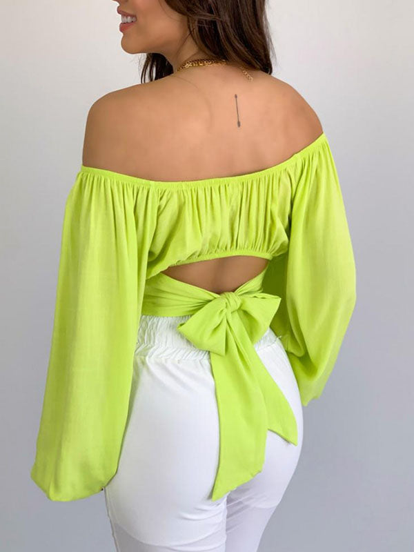 Elasticity Pleated Solid Color Long Sleeves Loose Off-the-shoulder Blouses