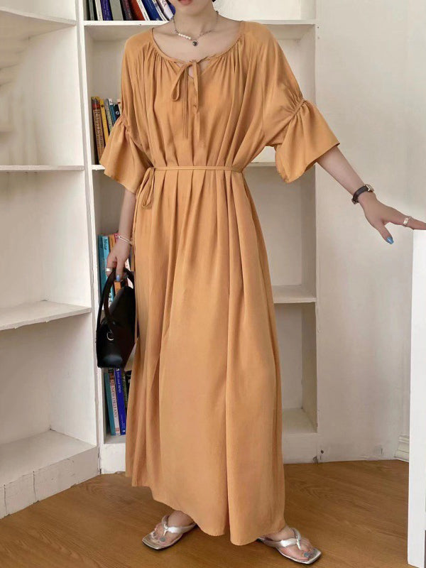 Solid Color Half Sleeves Loose Round-Neck Midi Dresses