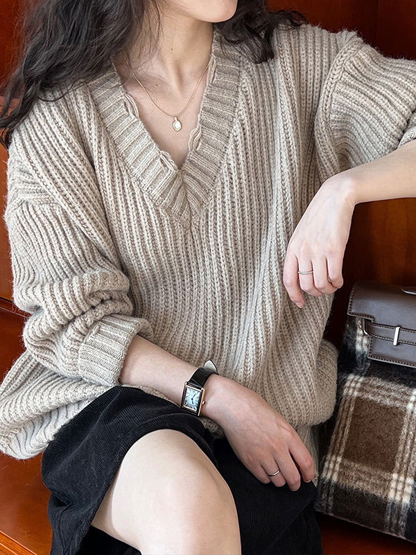 Hollow Solid Color Long Sleeves Loose V-Neck Sweater Tops Pullovers