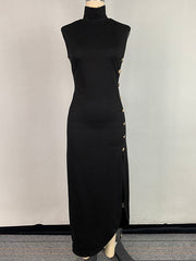 Bodycon Sleeveless Buttoned Solid Color Split-Side High Neck Maxi Dresses