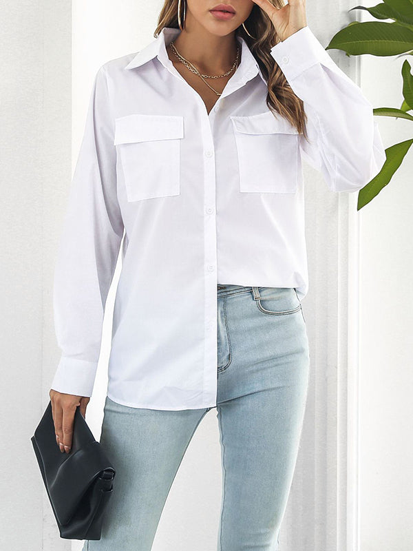 Solid Color Split-Joint Long Sleeves Loose Lapel Blouses