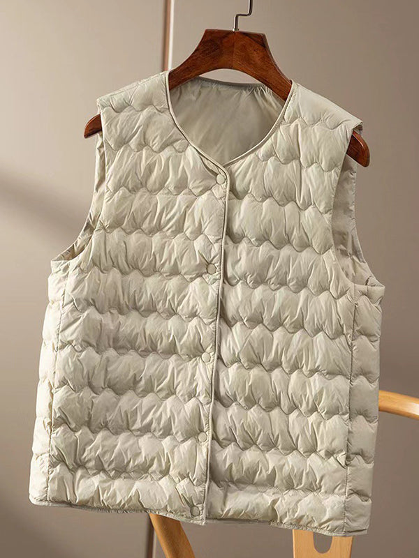 Buttoned Quilted Solid Color Loose Sleeveless Round-Neck Padded Vest