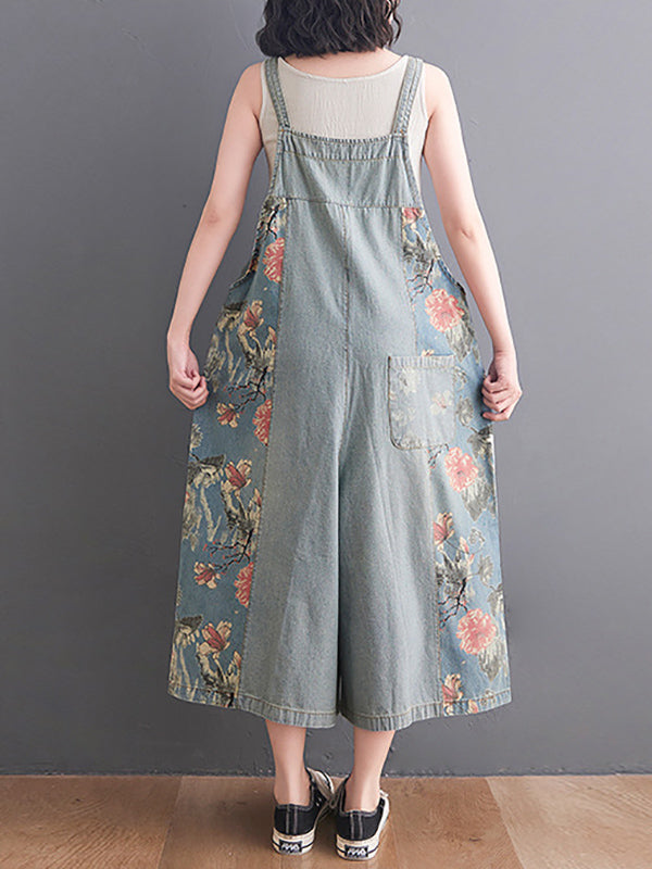 Buttoned Floral Printed Split-Joint Loose Oversize Overalls Ninth Pants