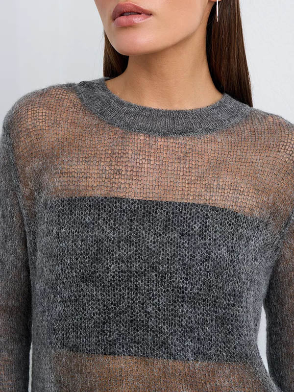 See-Through Solid Color Long Sleeves Loose Round-Neck Sweater Tops