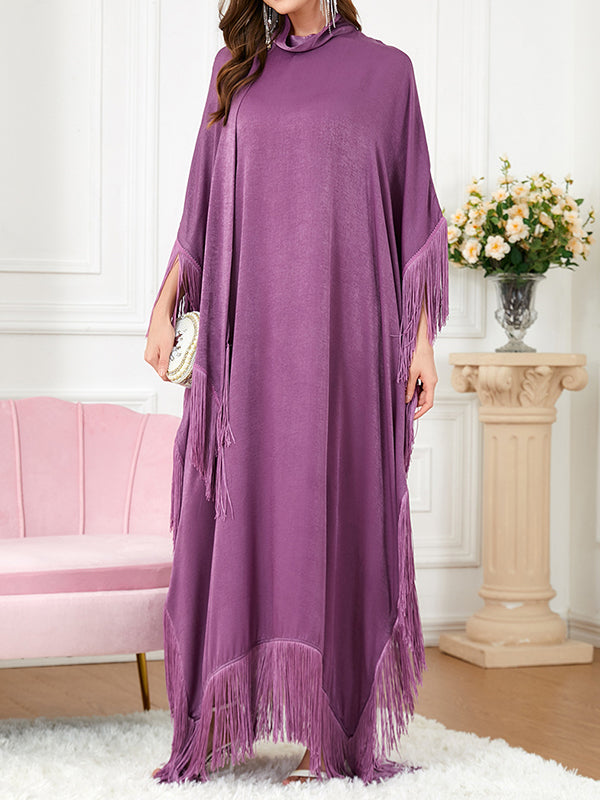 Ribbon Solid Color Tasseled A-Line Batwing Sleeves Maxi Dresses