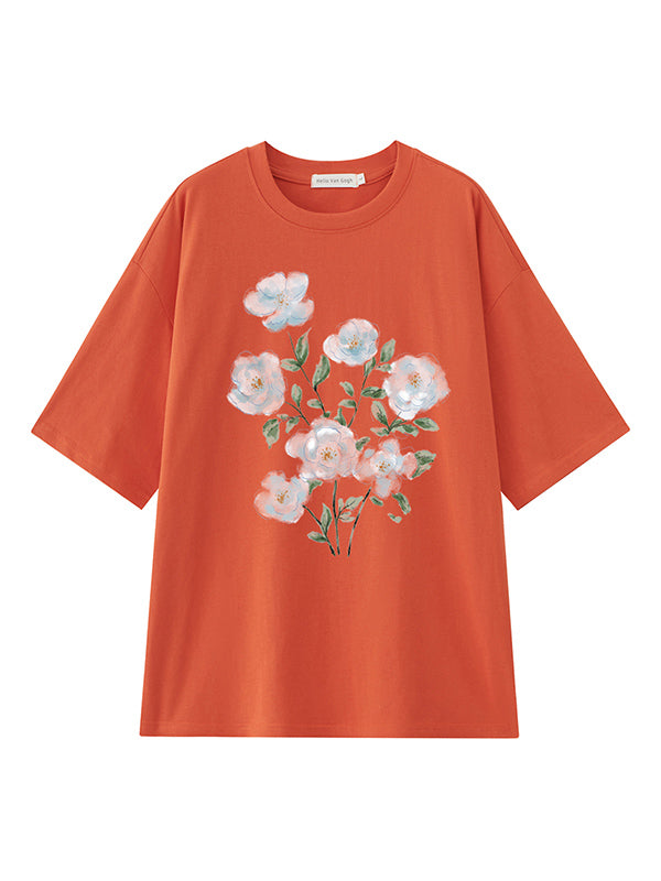 Casual Loose Round-Neck Floral Printed T-Shirt