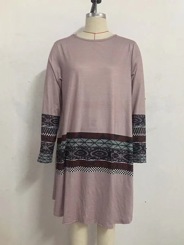 Casual Long Sleeves Striped Contrast Color Printed Round-Neck Mini Dresses