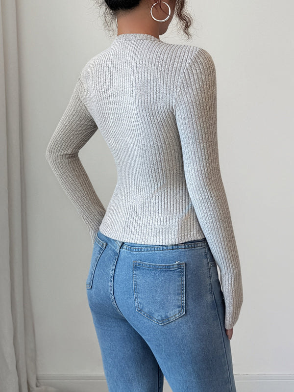 Buttoned Solid Color Long Sleeves Skinny Round-Neck Cardigan Tops