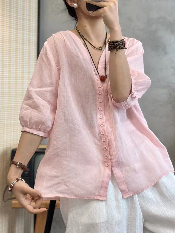Solid Color Half Sleeves Loose V-neck Blouses&shirts Tops