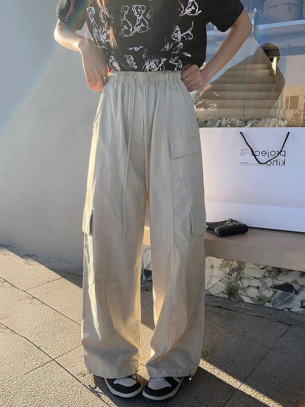 Drawstring Elasticity Pockets Solid Color Split-Joint High Waisted Loose Trousers Pants