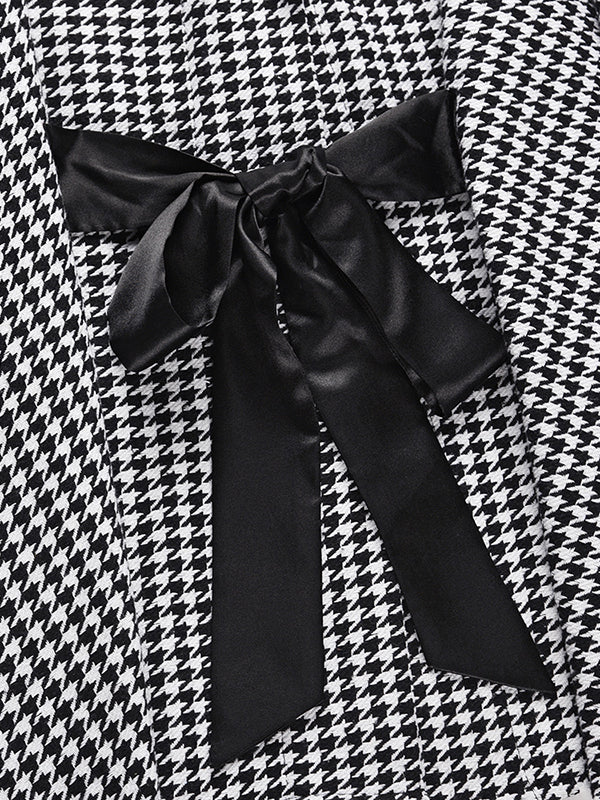 Houndstooth Tied Waist Batwing Sleeves Long Sleeves Stand Collar Outerwear Cape