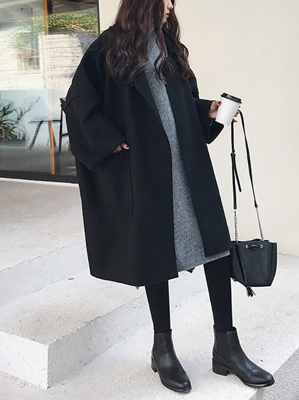 Buttoned Pockets Solid Color Split-Joint Long Sleeves Loose Notched Collar Woolen Coat