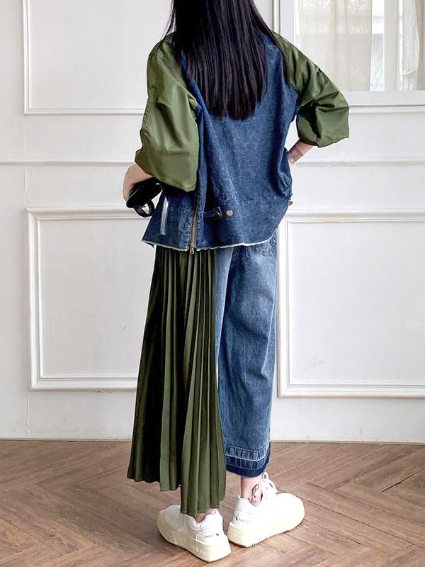 Contrast Color Pleated Split-Joint Loose Ninth Pants Jean Pants Bottoms