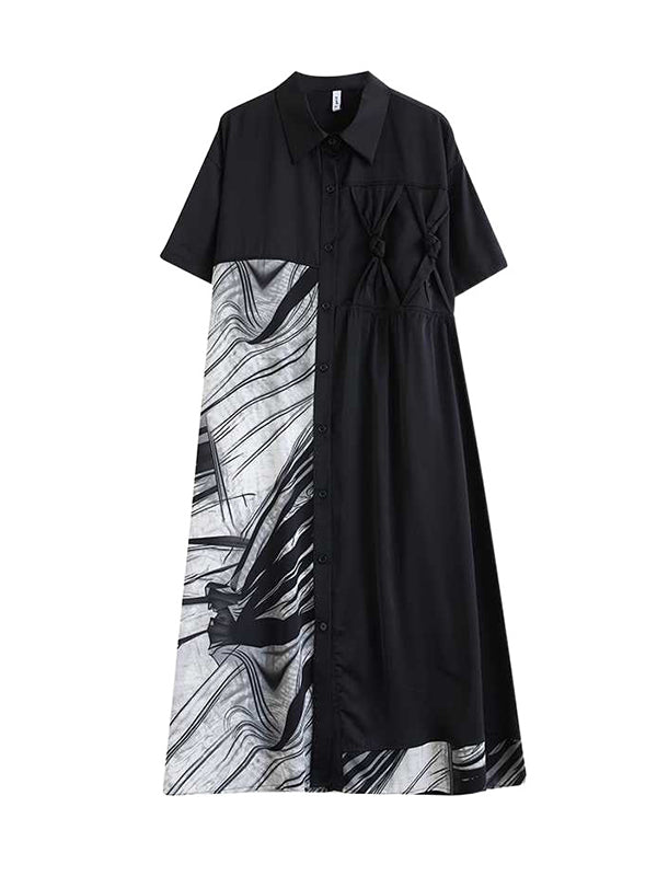 Asymmetric Buttoned Pockets Split-Joint A-Line Loose Lapel Shirt Dress Midi Dresses