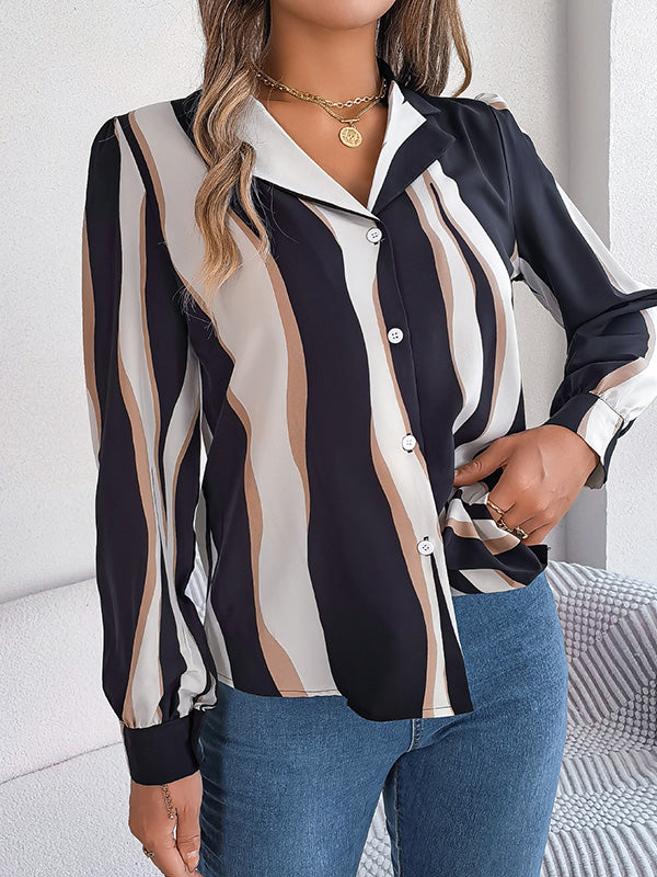 Buttoned Contrast Color Printed Long Sleeves Loose Notched Collar Blouses&Shirts Tops