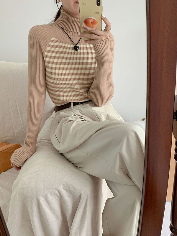 Contrast Color Striped Long Sleeves Skinny High Neck Sweater Tops Pullovers